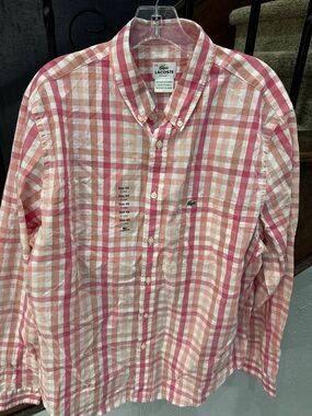 XXL NEW Lacoste Men’s Pink and White Plaid Button-Down Shirt Regular fit